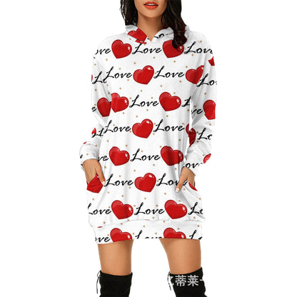 Valentine's Day Dress Hooded Long Sleeve Printed Skirt
