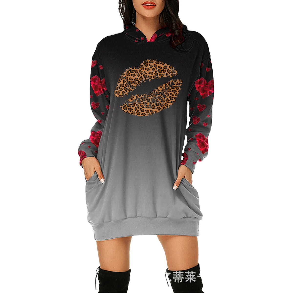 Valentine's Day Dress Hooded Long Sleeve Printed Skirt