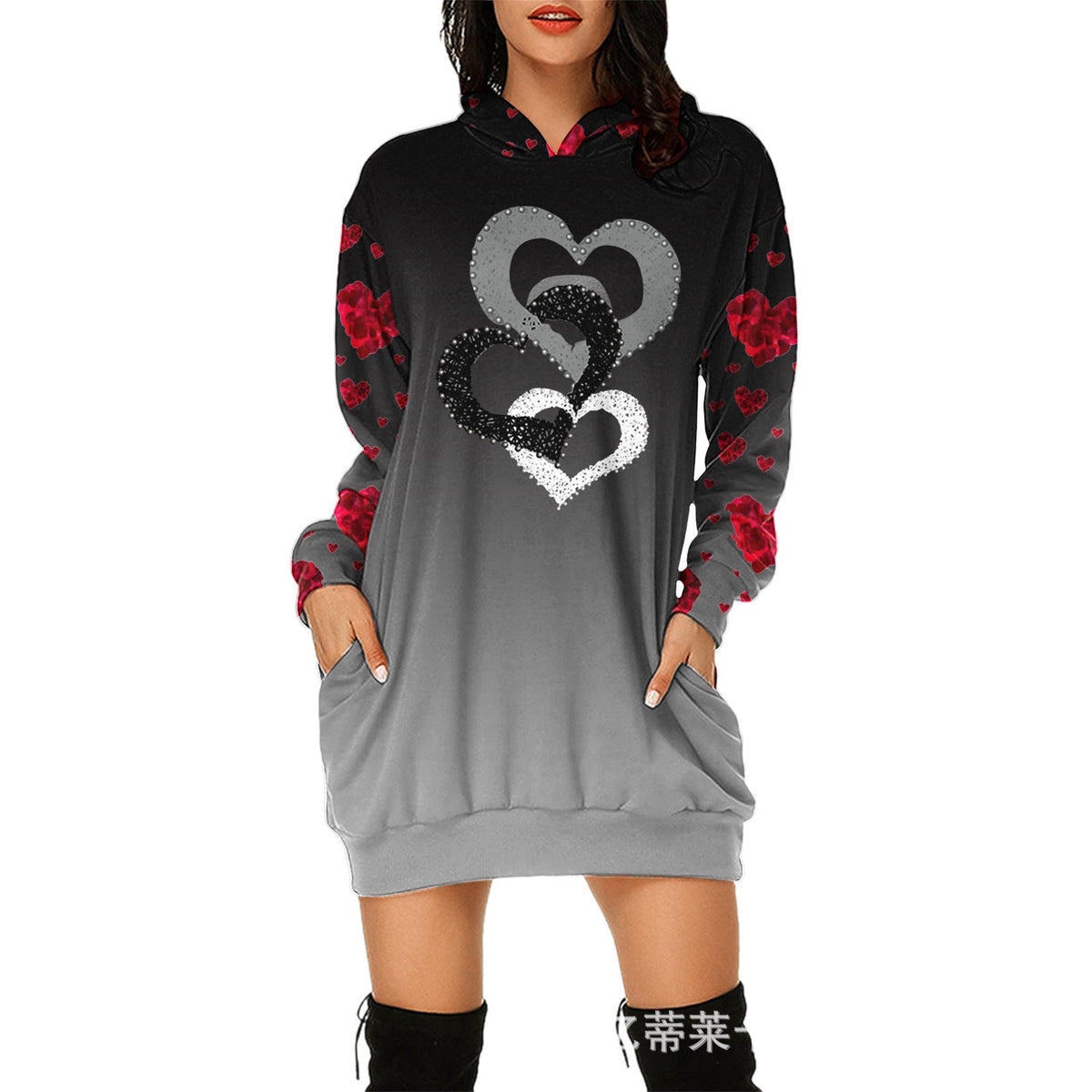 Valentine's Day Dress Hooded Long Sleeve Printed Skirt