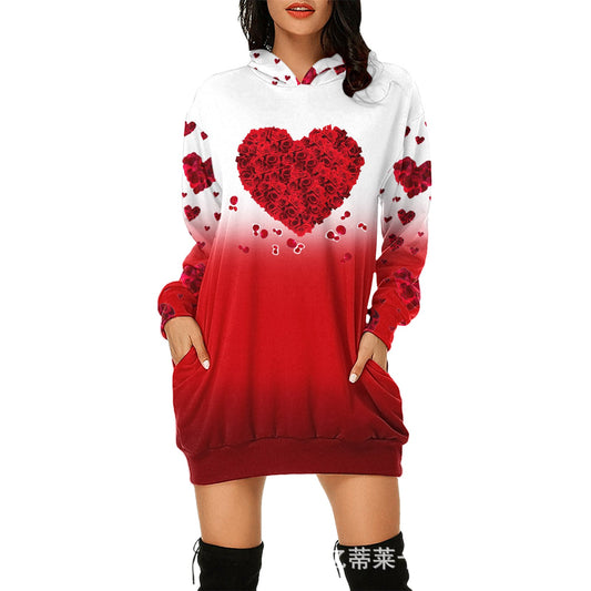 Valentine's Day Dress Hooded Long Sleeve Printed Skirt