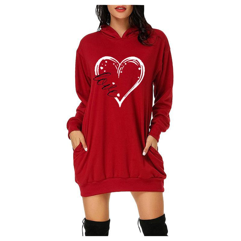 Valentine's Day Dress Autumn and Winter Hooded Printed Sweater Dress Women's Clothing