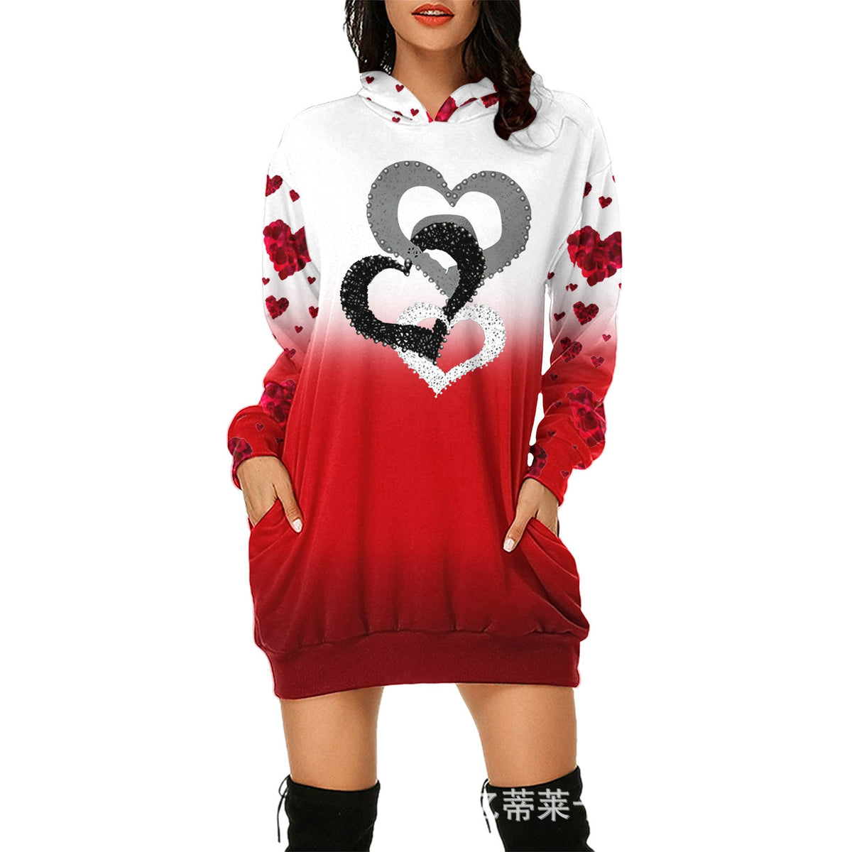Valentine's Day Dress Hooded Long Sleeve Printed Skirt