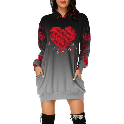 Valentine's Day Dress Hooded Long Sleeve Printed Skirt
